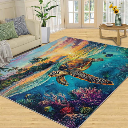 HYGIUID 4x5 Atlantic Sea Turtle Area Rugs - Island Scenery Rug for Entryway, Seascape Oil Painting Washable Entry Way
