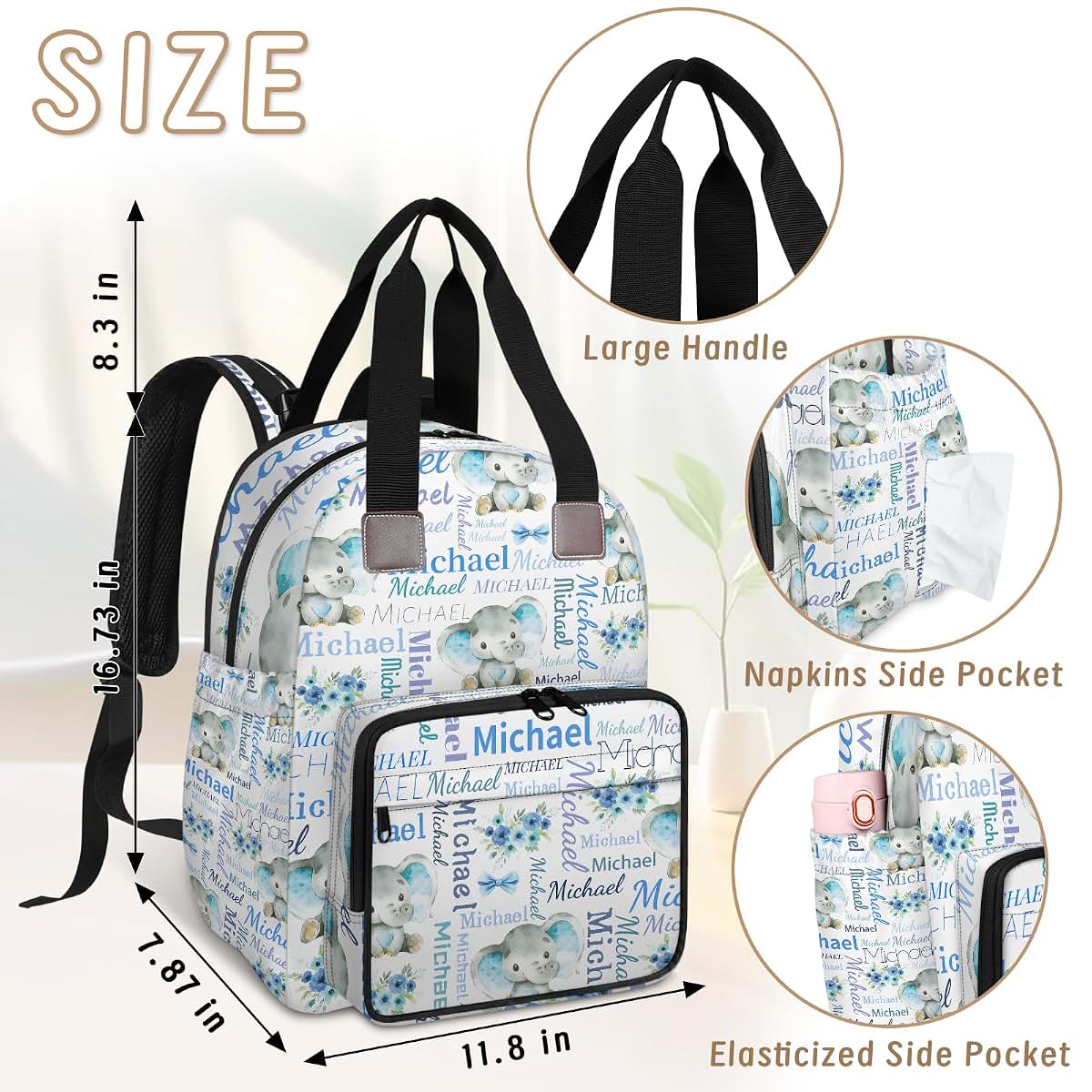 Litchora Personalized Diaper Bag Backpack with Stroller Straps (photo 3)