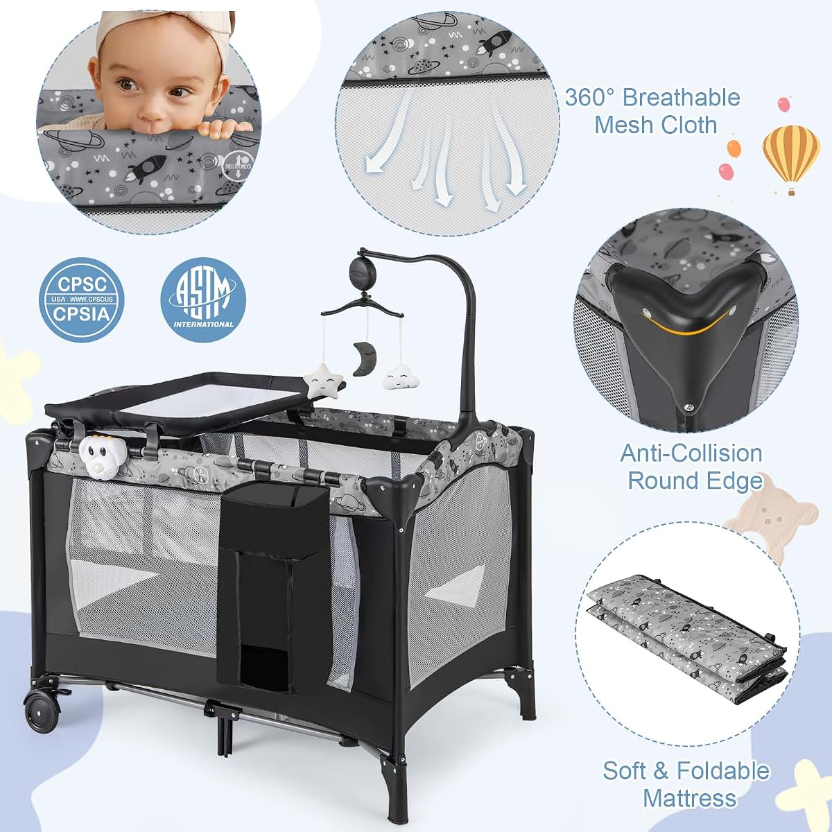 Honey Joy 4-in-1 Portable Baby Pack and Play with Bassinet