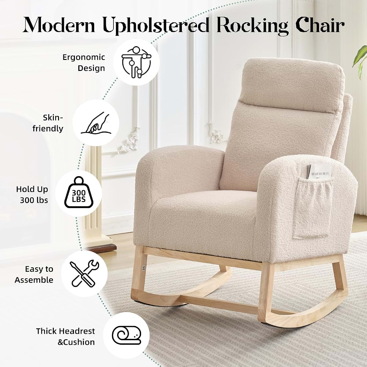 IDEALHOUSE Nursery Rocking Chair, Upholstered Glider Rocker with High Back and Side Pocket, Light Gray