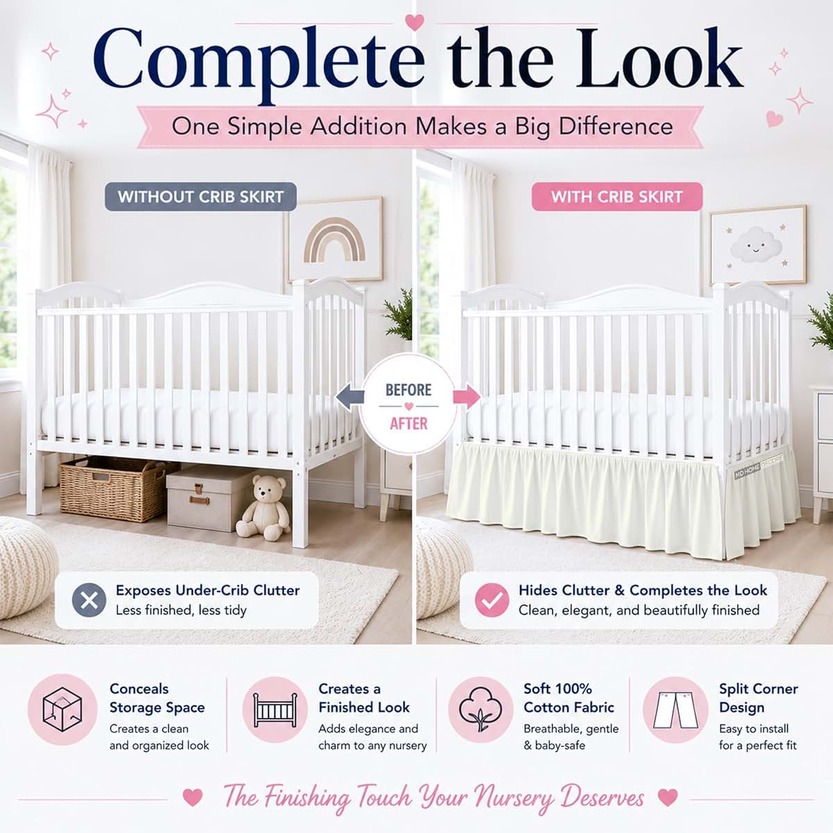 MD Home Decore Crib Bed Skirt Dust Ruffle with Split Corners Cotton, 14" Drop, Ivory (photo 4)