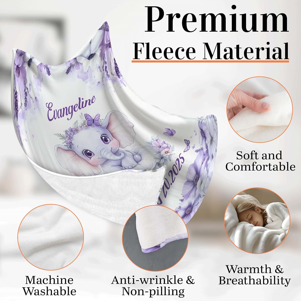 Foxcorner Personalized Girls Nursery Fleece Blanket Gifts, Purple Elephant | Beautiful New Baby Girl Baby Birthstats (photo 3)