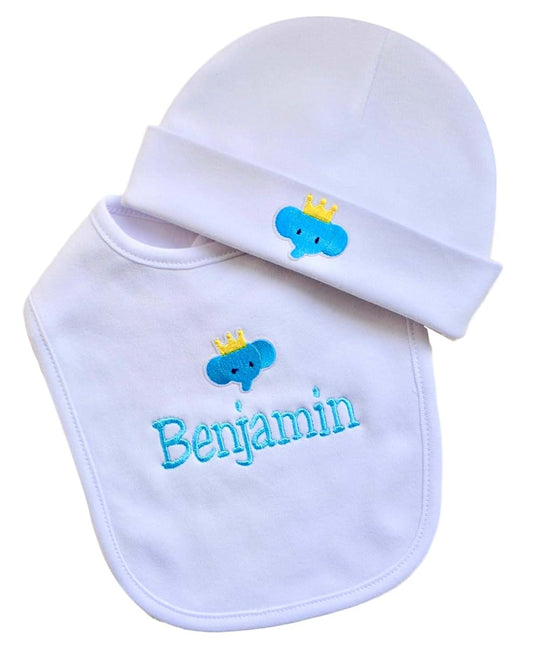 Funny Girl Designs Personalized ELEPHANT Baby Bib with Embroidered Name and Matching Cotton Hat Baby Shower Keepsake