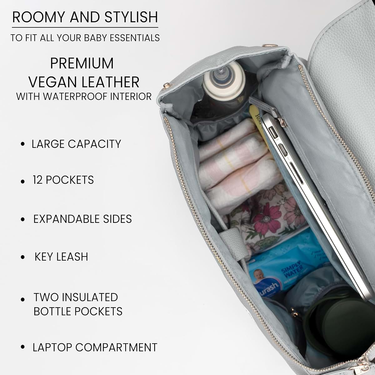 Roo and Bear Vegan Leather Diaper Bag Backpack in Ash Grey (photo 3)