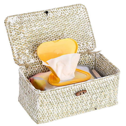 Kokone Vintage Decorative Seagrass Woven Wipes Box Container With Lid