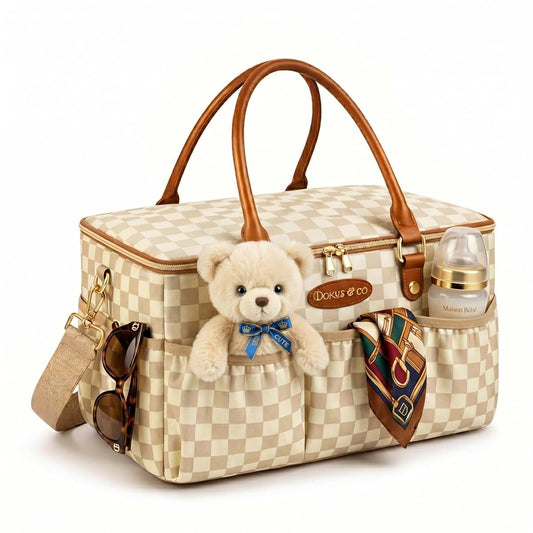 DOKUS & CO Diaper Bag Tote, Extra Large Collapsible Travel Baby Bag, Tan