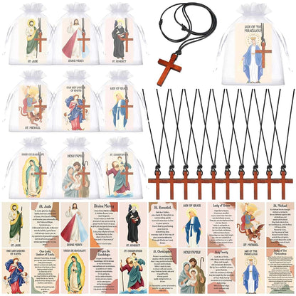 Sayglossy Wooden Cross Necklace Set with Prayer Cards