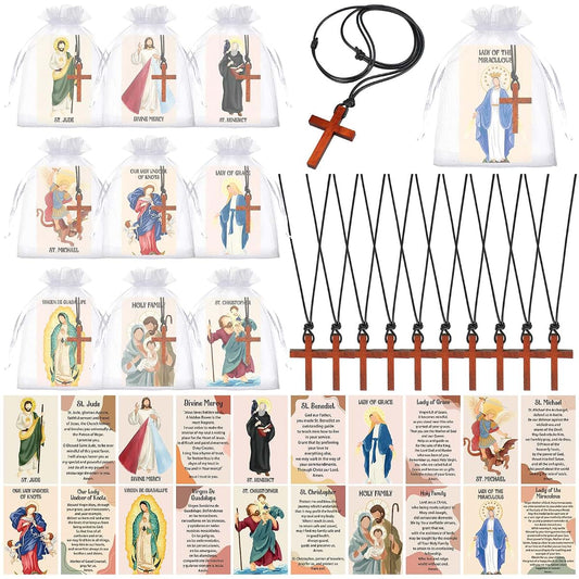 Sayglossy Wooden Cross Necklace Set with Prayer Cards