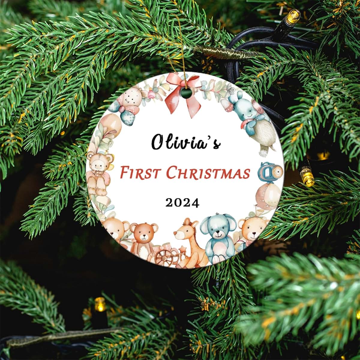 Bdbacxas Personalized Baby First Christmas Ornament,Custom Toy Wreath Baby's 1st Christmas Tree Decor Round Ceramic (photo 4)