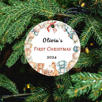 Bdbacxas Personalized Baby First Christmas Ornament,Custom Toy Wreath Baby's 1st Christmas Tree Decor Round Ceramic (photo 4)
