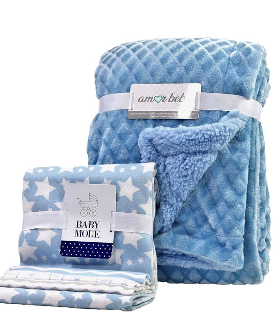 3 Stories Trading Company Newborn 5 Piece Plush Baby Blanket and Receiving Blanket Gift Set, Boy or Girl