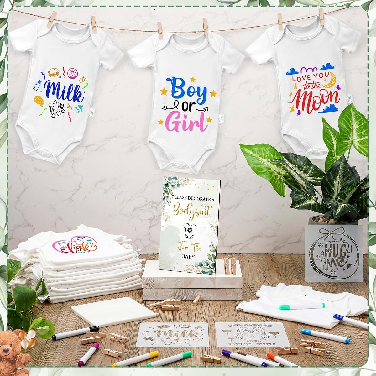 Panitay Baby Shower DIY Bodysuit Set with 25 Bodysuits, 25 Stencils, 24 Markers and Wooden Game Sign