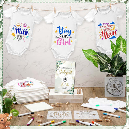 Panitay Baby Shower DIY Bodysuit Set with 25 Bodysuits, 25 Stencils, 24 Markers and Wooden Game Sign