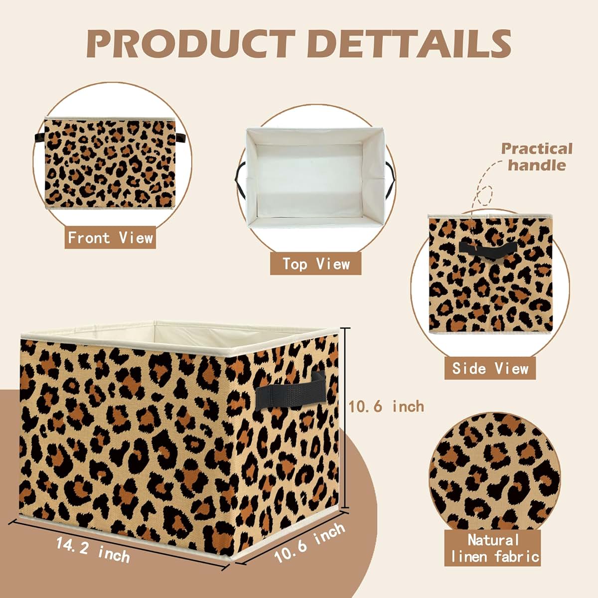 WARDOS Trendy Leopard Storage Bin with Handles, Foldable Linen Fabric Basket for Nursery and Home