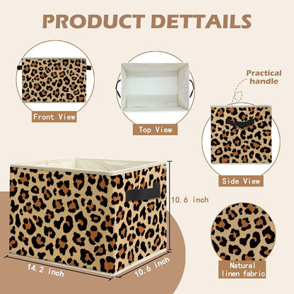WARDOS Trendy Leopard Storage Bin with Handles, Foldable Linen Fabric Basket for Nursery and Home