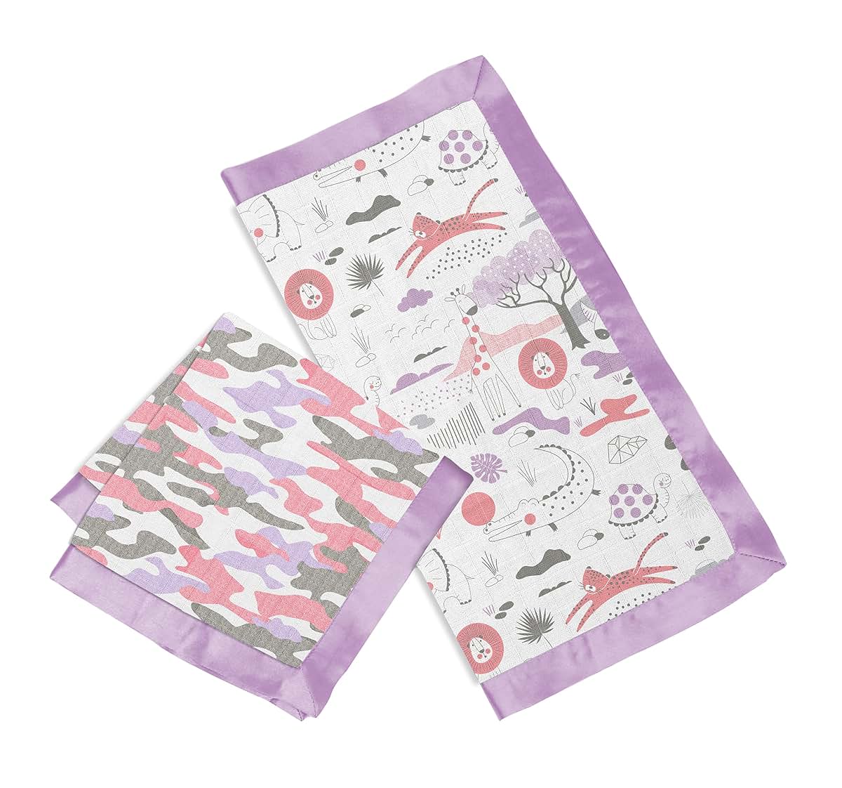 Bacati - Muslin 2 Pack Security Blankets Jungle Safari (Lilac/Coral/Gray)
