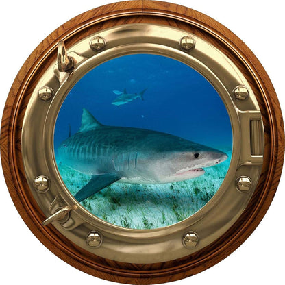 Stickit Graphix Port Scape Tiger Shark Brasswood Porthole Window Wall Decal