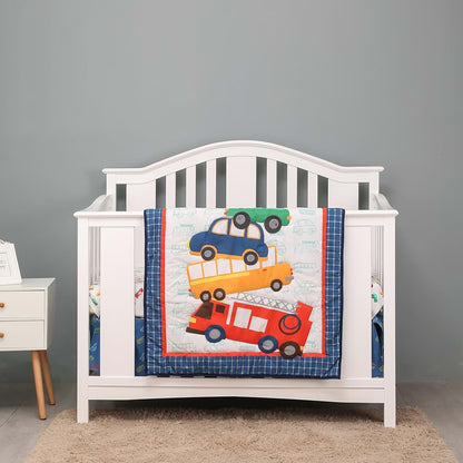 Car Theme Nursery Crib Bedding Set for Boys - 4 Piece Kit