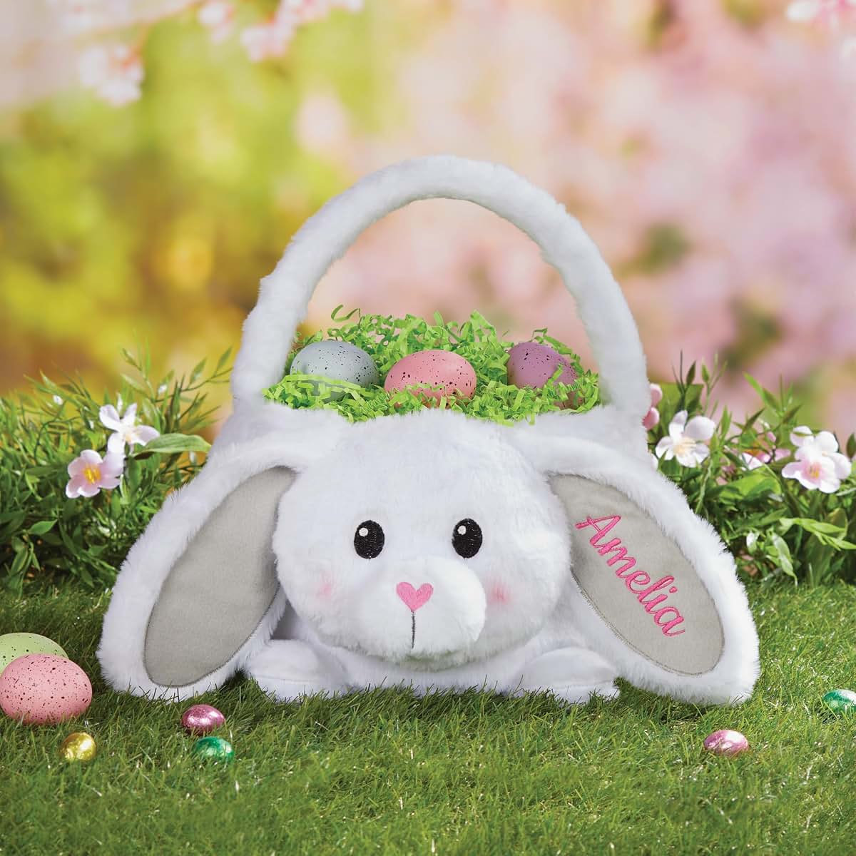 Personalized Planet Personalized Plush Easter Bunny Basket with Custom Name Embroidered in Teal Thread | Soft White Fur