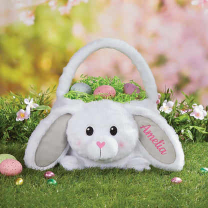 Personalized Planet Personalized Plush Easter Bunny Basket with Custom Name Embroidered in Teal Thread | Soft White Fur