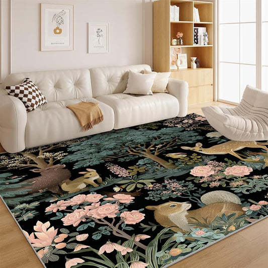 dyausi Forest Animal 5x7 Rug - Fox Rabbit Rug 5x7 - Boho Area Rug for Bedroom Living, Wildlife Carpet, Washable & Non