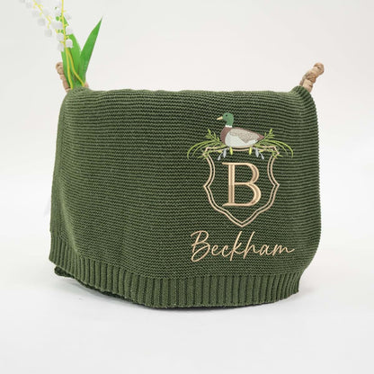 SWaddle AN Embroidered Baby Knit Blanket with Mallard Duck Frame, Personalized Initial Blanket, Custom Newborn Gift (photo 3)
