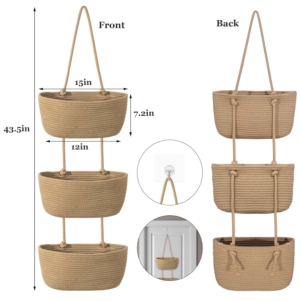 Wymulot 3 Tier Wall Mounted Woven Hanging Basket in White & Camel (photo 2)