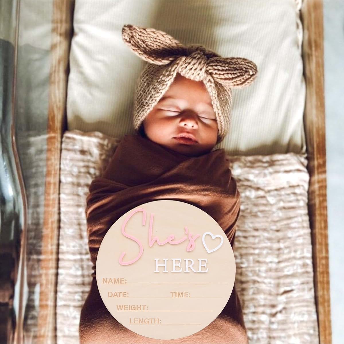 She's Here Wooden Sign - Gender Reveal Birth Announcement Board, Newborn Photo Prop