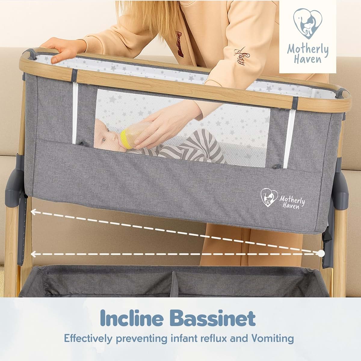 Motherly Haven Baby Bassinet Bedside Sleeper 37"L x 21"W x 33"H, Light Grey (photo 3)