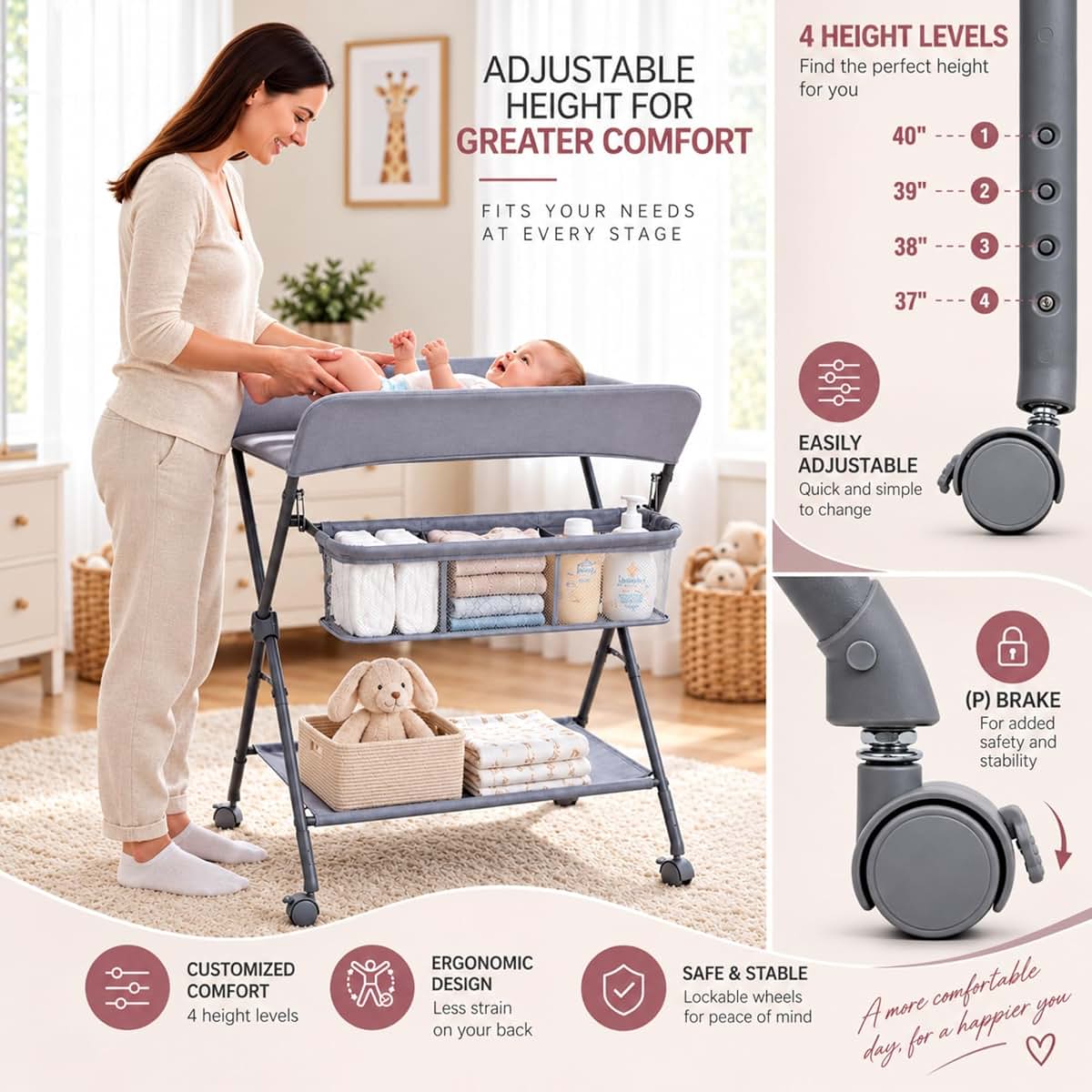 Sanmico Baby Changing Table with Wheels, Portable Foldable Diaper Changing Station, Adjustable Height, Nursery (photo 4)