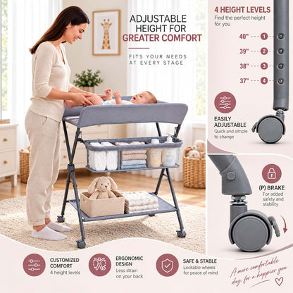 Sanmico Baby Changing Table with Wheels, Portable Foldable Diaper Changing Station, Adjustable Height, Nursery (photo 4)