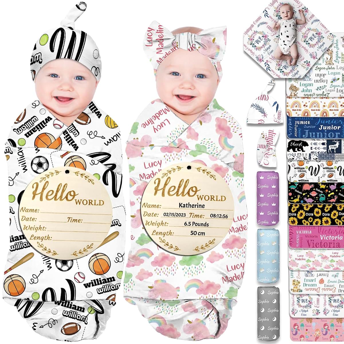 Hapelf Personalized Baby Swaddle Blanket Custom Name Swaddle With Hat Bow Set