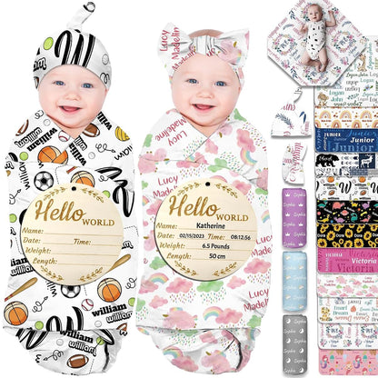 Hapelf Personalized Baby Swaddle Blanket Custom Name Swaddle With Hat Bow Set