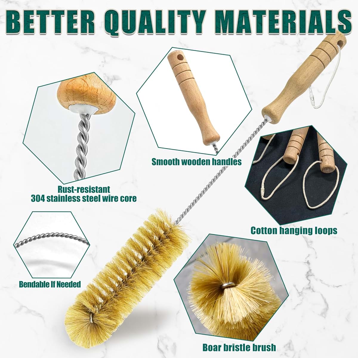AttoShow Boar Bristle Bottle Brush Set, 4 Pack with Wooden Handles, 304 Stainless