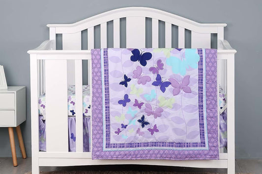mitoobaby Purple Butterfly Nursery Crib Bedding Set for Girls 28 x 52 in Baby Girls Embroidery Butterfly Cot Bedding Set