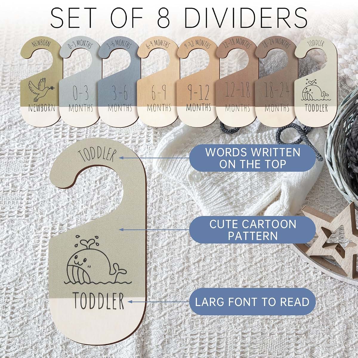 Closet Dividers for Clothes Organizer - Set of 8 Wooden Double-Sided Baby Clothes Size Dividers