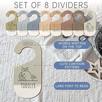 Closet Dividers for Clothes Organizer - Set of 8 Wooden Double-Sided Baby Clothes Size Dividers