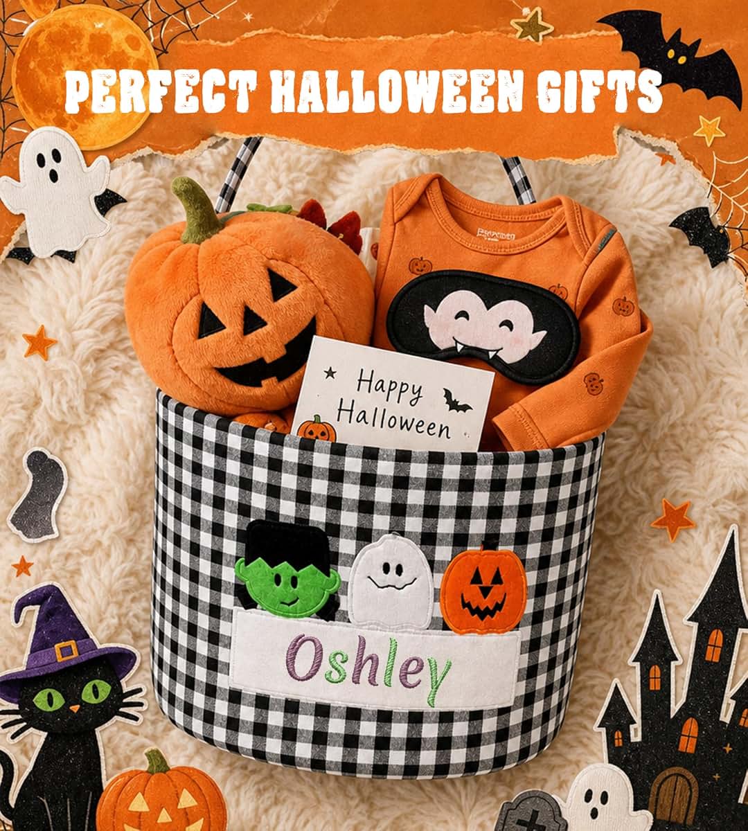 HMTANZR Personalized Halloween Basket Gingham with Embroidery Name (Black, Style 3) (photo 3)