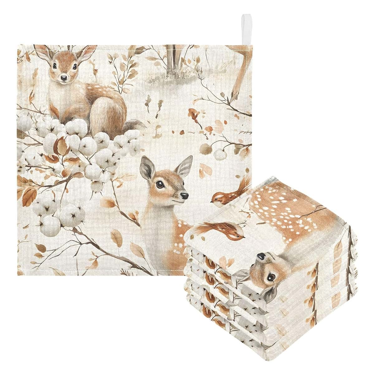 YETTASBIN Watercolor Deer Muslin Baby Washcloths, 3 Pack