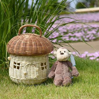 Mushroom Shaped Rattan Storage Basket with Lid for Decorative Home Organizer