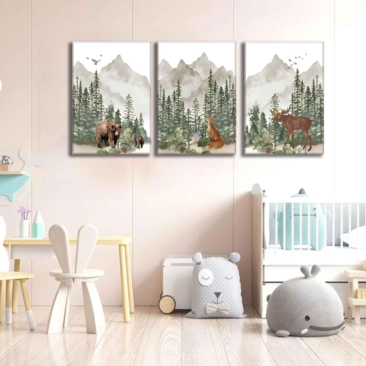 WSTUKVV 3Pcs Woodland Nursery Wall Art Framed Animal Canvas Prints