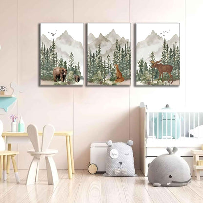 WSTUKVV 3Pcs Woodland Nursery Wall Art Framed Animal Canvas Prints