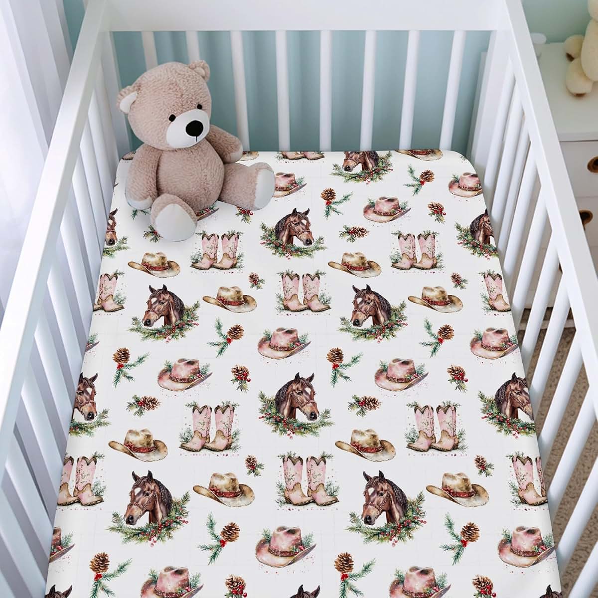KASTLEE Christmas Cowgirl Western Fitted Baby Crib Sheet, 52x28x9 Inches