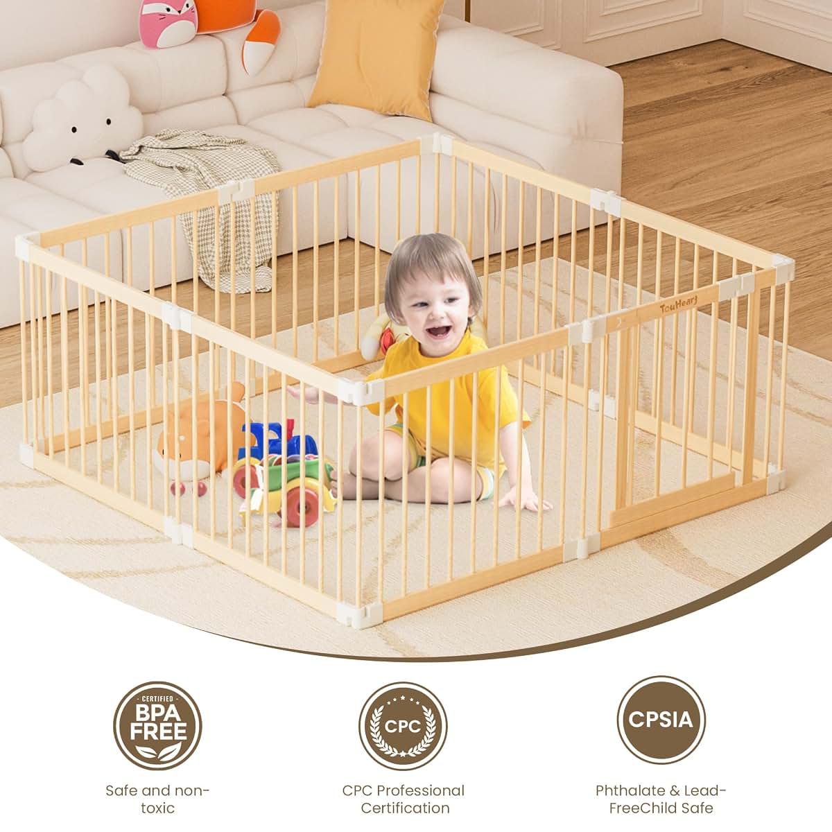 Wooden Baby Gate Playpen Foldable 10 Panel Expandable Play Yard