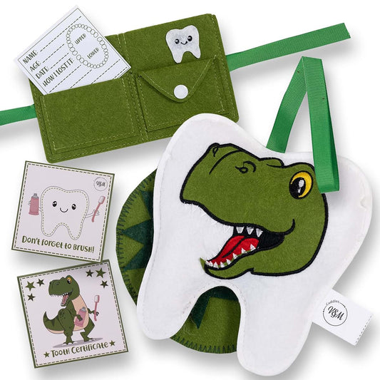 V&M Cuddles Dinosaur Tooth Fairy Pillow Kit - Boy & Girl Tooth Fairy Pillow, Keepsake Photo Pouch & Notepad