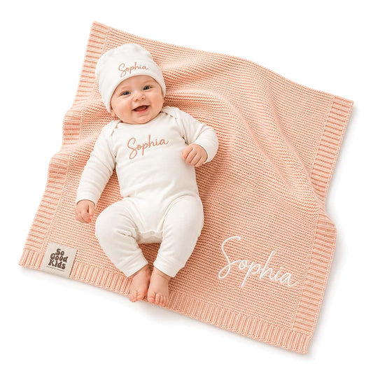 SoGoodKids 100% Organic Baby Gift Set | Embroidered 100% Cotton Custom Baby Blanket, Rompers and Beanie Set