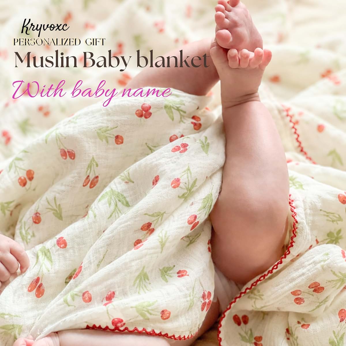 Kryvoxc Personalized Muslin Cotton Baby Blankets, Newborn Girl Boy Gifts, Swaddle | Breathable cotton, name embroidery (photo 2)