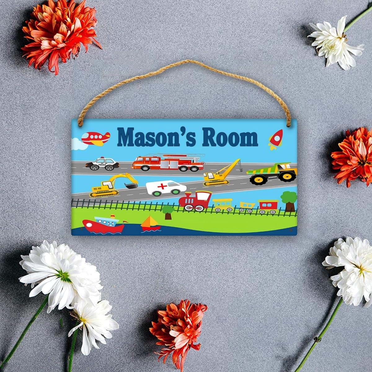 CUSDECOR Personalized Various Transportation Vehicles Kid Room Door Sign Car Boys Bedroom Wall Decor Custom Name (photo 3)