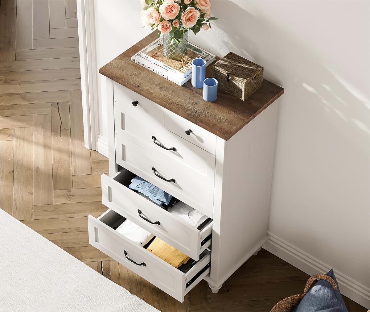 WAMPAT 5-Drawer Mid Century Modern Kids Dresser, Off White