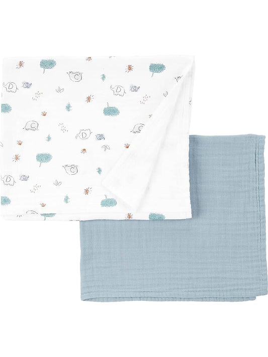 Simple Joys by Carter's 2-Pack Cotton Gauze Blankets, Sage and Ivory Elephant